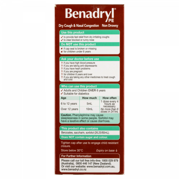 Benadryl PE Dry Cough & Nasal Congestion Non Drowsy Berry Flavour 200mL ...